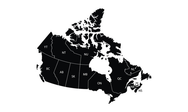 Highly detailed black and white vector map of Canada, showing all provinces and territories with official two letter abbreviations, isolated.