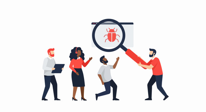 Diverse Team of Software Developers and QA Engineers Debugging Code and Finding Bugs with Magnifying Glass Illustration
