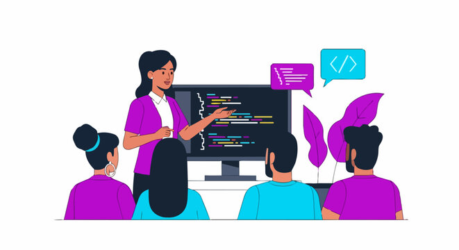 Female Software Developer Teaching Code to Students in Modern Tech Seminar Vector Illustration