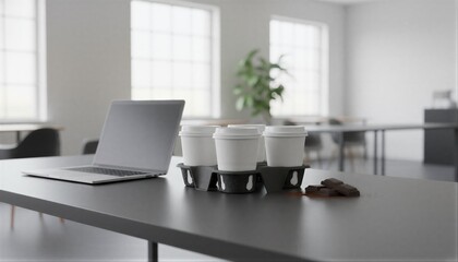 Fototapeta premium Minimalist white coffee cups on a modern office desk with chocolate