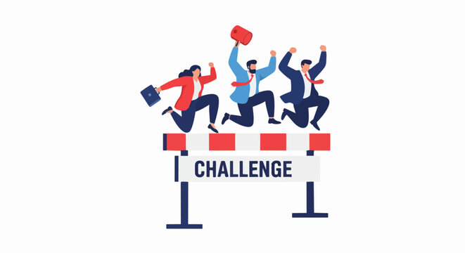 Business Team Jumping Over Hurdle Labelled Challenge, Successful Professionals Overcoming Obstacles, Corporate Achievement and Teamwork Concept Vector Illustration