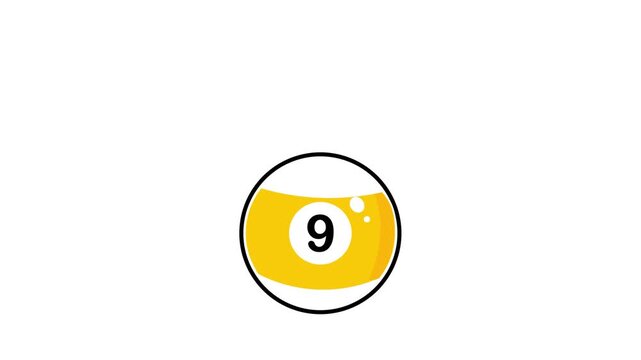 4K animation of a yellow billiard 9 ball rolling in smoothly from the right on a clean white background. Ideal for pool game content, sports videos, presentations, and motion graphics projects.