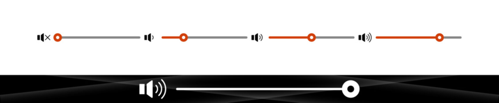 Volume slider bar and audio control level vector set.