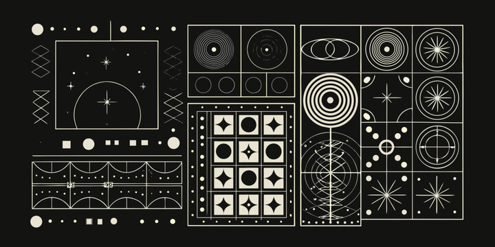 Geometric pattern with circles diamonds and starbursts on black background