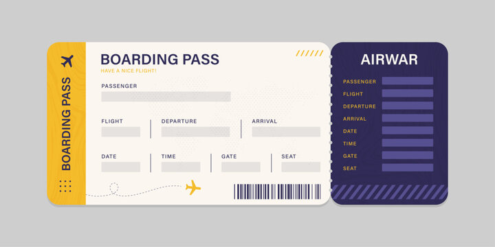 Realistic illustration of airplane ticket boarding pass with passenger name and destination. Concept of travel, journey or business trip.