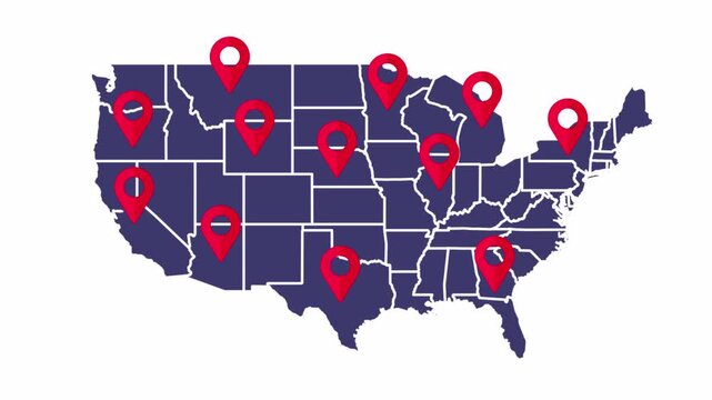 Animated USA Map with Multiple Red Location Pins on White Background