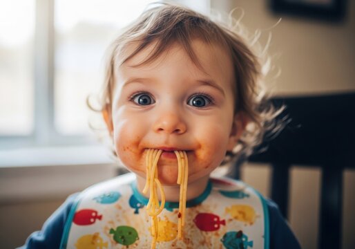 Closeup portrait of a cute toddler with messy face eating spaghetti with tomato sauce while wearing a colorful fishpatterned bib at home