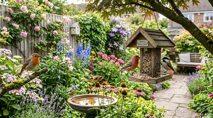 Obraz premium A Serene Garden Oasis: Birds perch on a branch and a bird feeder in a lush, vibrant garden teeming with colorful flowers, inviting a sense of tranquility and natural beauty.