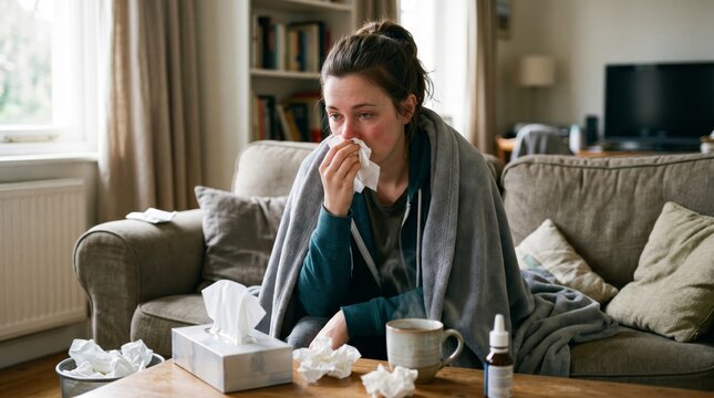 Sick person wiping runny nose with tissue during flu cold or allergy symptoms