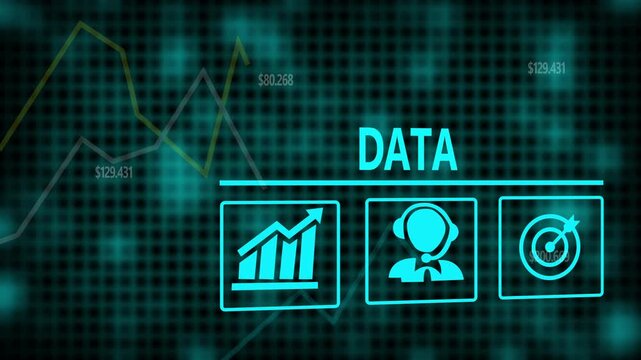 Data business concept on a flashing computer monitor with moving graphs and data.