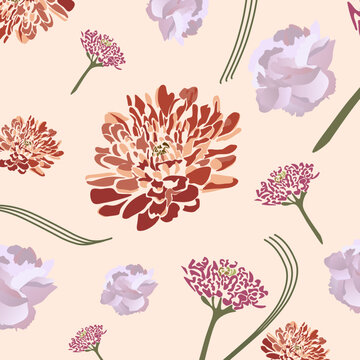 Pink Rose and Linette Chrysanthemum Seamless Floral Pattern SVG, Elegant Botanical Surface Design