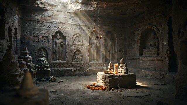 Interior view of an ancient cave temple with statues illuminated by sunlight beams