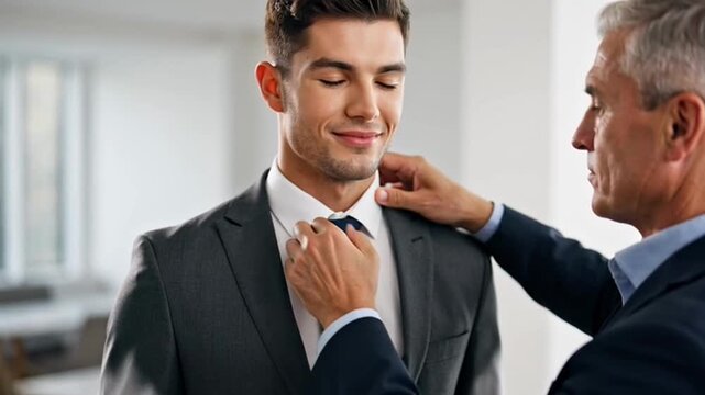 Father helping his son adjust his suit and tie before a special event.