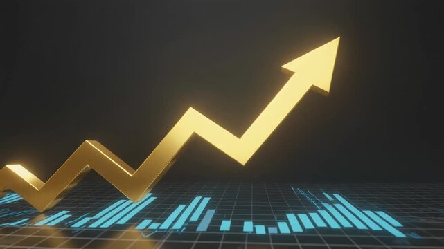 Golden arrow rising above grid with blue bar graphs, symbolizing growth, progress, and financial success.