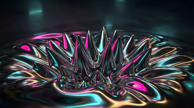 A futuristic 3d abstract design with glowing neon spikes and vibrant swirling patterns evoking high tech energy and innovation for digital art projects