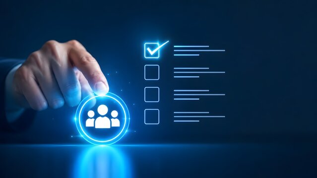 Human Resource Management Concept Highlighting Glowing Team Icon and Digital Employee Evaluation Checklist