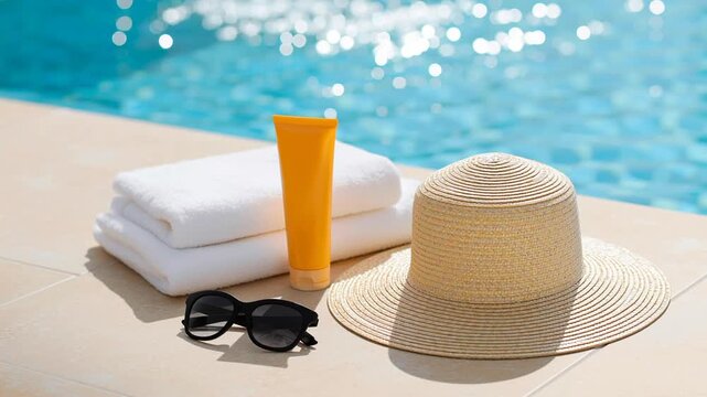 Summer vacation essentials with straw hat, sunglasses, towels and sunscreen by swimming pool