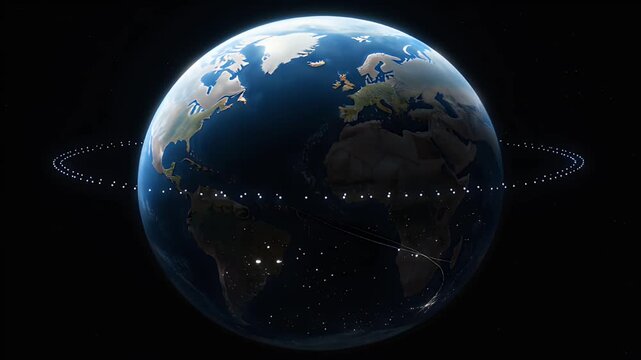 Earth from Space earth planet orbit satellite space night globe atmosphere technology astronomy glowing city view from space, digital globe world connection concept, satellite ring encircling earth
