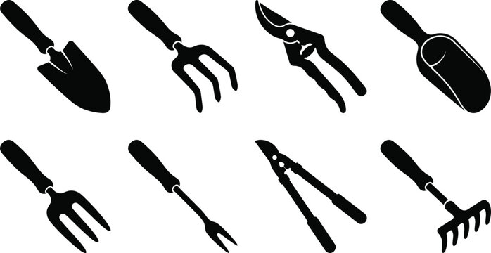 Black and white gardening tools hand trowel rake and pruning shears silhouette icons set isolated on white background