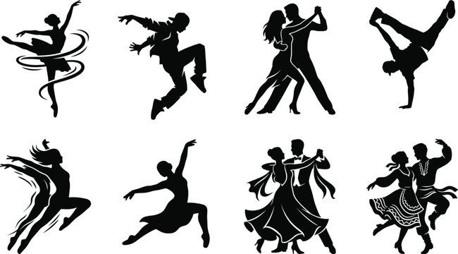Dance Silhouette Icon Collection Featuring Ballet Ballroom Hip Hop and Folk Dance Performers