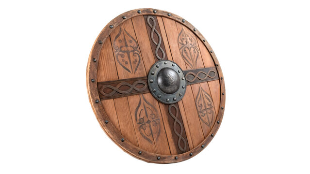Historic medieval round wooden shield iron reinforcement isolated on a transparent background knight armor