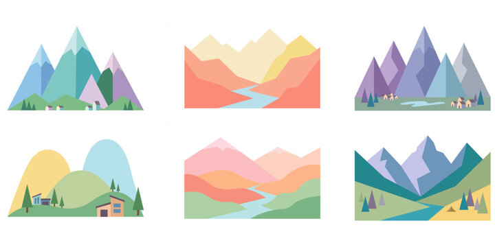 Creative Flat Geometric Nature Landscape Vector Bundle Featuring Colorful Mountain Ranges, River Valleys, Forest Elements, Countryside Villages and Scenic Outdoor Views, Modern Minimal Illustration Co