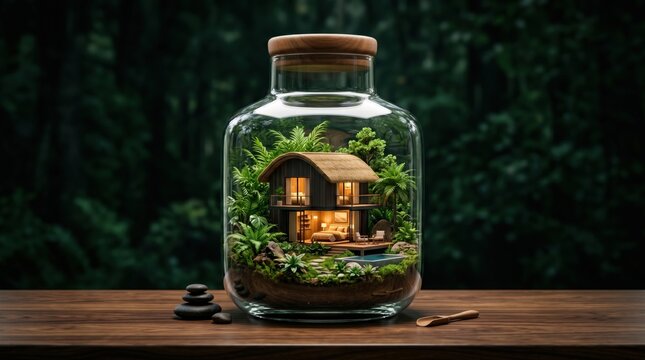 Miniature wooden house inside a glass jar terrarium with cork lid