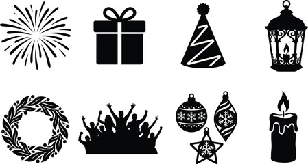 Fototapeta premium Holiday Celebration Silhouette Icon Set with Christmas Decorations and Festive Party Elements