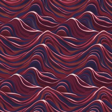 Seamless pattern featuring stylized wavy mountain ranges in deep shades of burgundy, purple, and dark red with smooth flowing contour lines