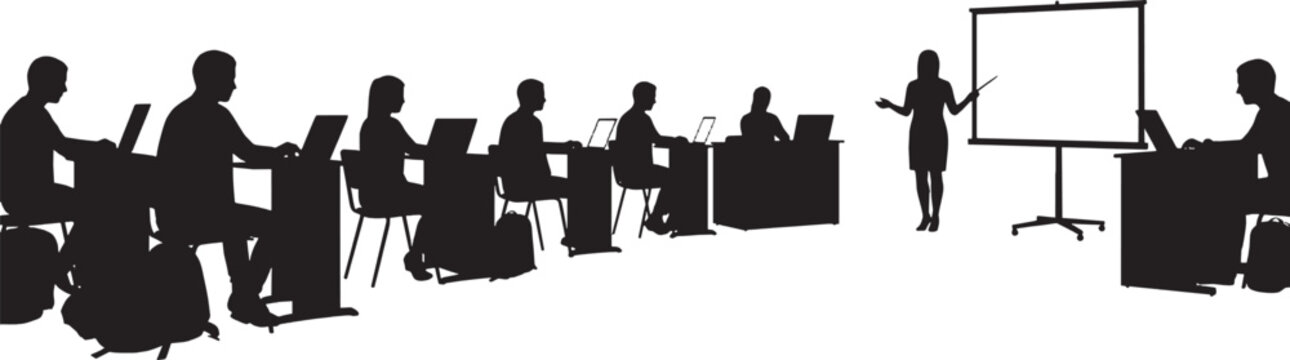 Silhouette of a teacher presenting to students in a computer lab vector art