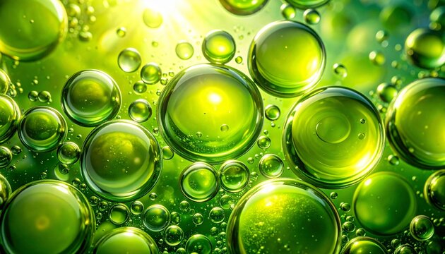 Close up of green oil bubbles and small emulsions floating in a green liquid.