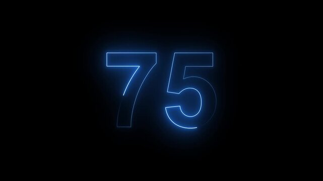 Neon Number 75 Animation with Glowing Electric Light Effect on Dark Background.