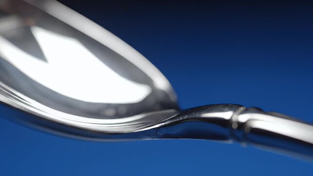 Macro shot of a polished silver spoon's curved surface reflecting light on blue background
