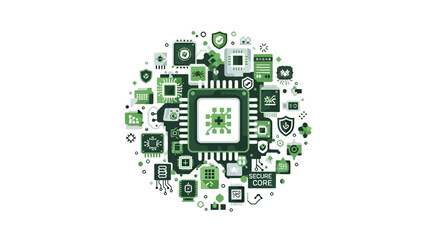 Fototapeta premium Abstract Cybersecurity Microprocessor and Integrated Circuit Illustration with Secure Core Concept and Technology Icons in Green Flat Design