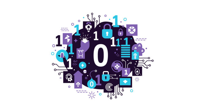 Cybersecurity and Data Protection Illustration featuring Binary Code, Padlocks, and Digital Security Icons for Network Safety Concept
