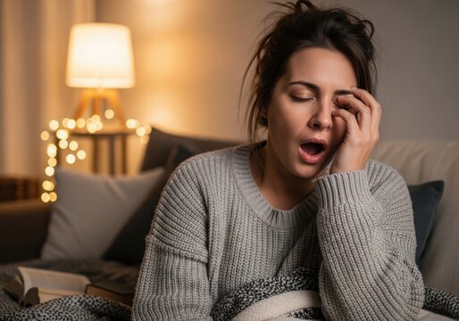 Tired young woman yawning and rubbing her eyes while sitting on a cozy couch at home in the evening