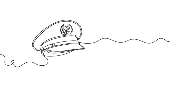 Continuous line drawing of captain hat peaked cap one line art,Police hat one line art continuous line drawing of law enforcement cap with star symbol. Minimalist continuous line drawing of a police o