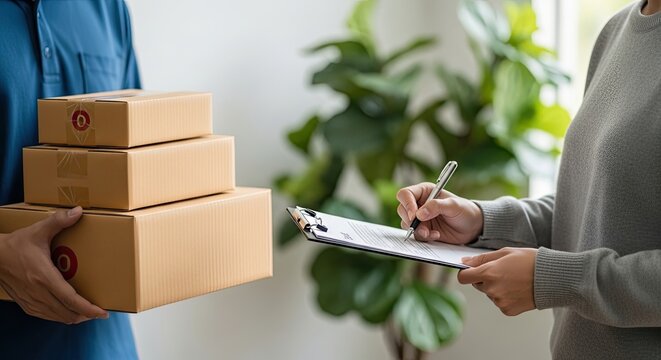 Delivery person hands over packages to customer signing receipt on clipboard, indoor delivery service.