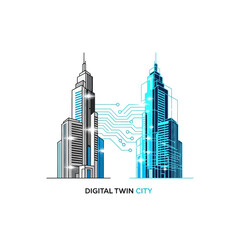 Fototapeta premium Digital twin city concept with mirrored skyscraper models