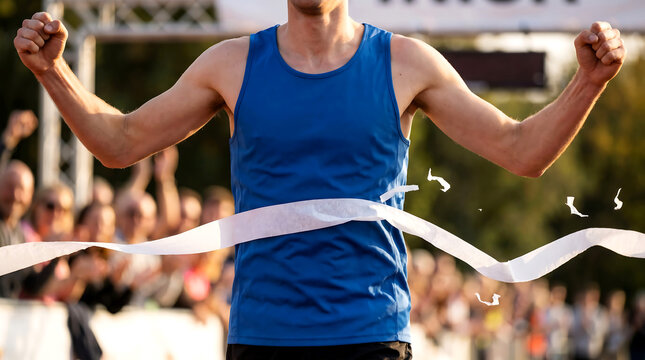 Man in blue tank top crossing finish line with arms raised in victory
