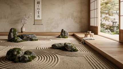 Obraz premium Serene Japanese garden room with raked gravel and mossy stones near a
