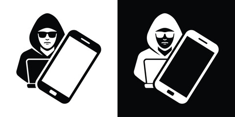 Cyber criminal hacking smartphone database. Hooded hacker character with laptop compromising a mobile phone vector icon. © bibin