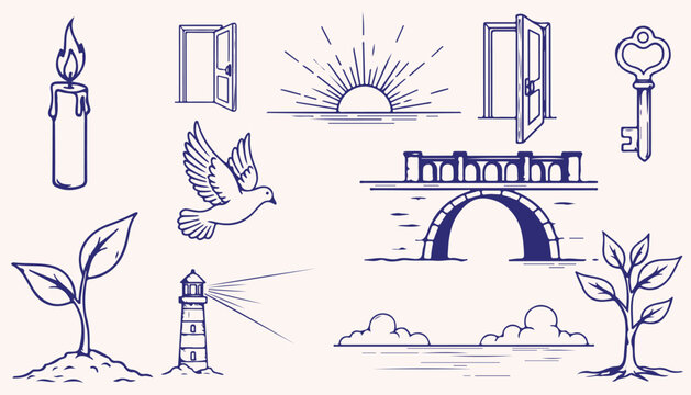 Hope peace new beginning icons set featuring candle open door sunrise bridge key dove lighthouse clouds hand drawn vector illustration collection for freedom spiritual
