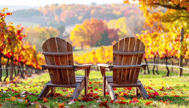 Wooden Adirondack chairs in autumn. AI