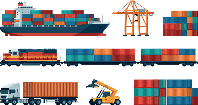 Logistics and global cargo transport vector set with container ship gantry crane freight train delivery truck reach stacker and stacked containers