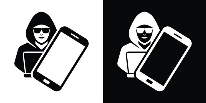 Cyber criminal hacking smartphone database. Hooded hacker character with laptop compromising a mobile phone vector icon.