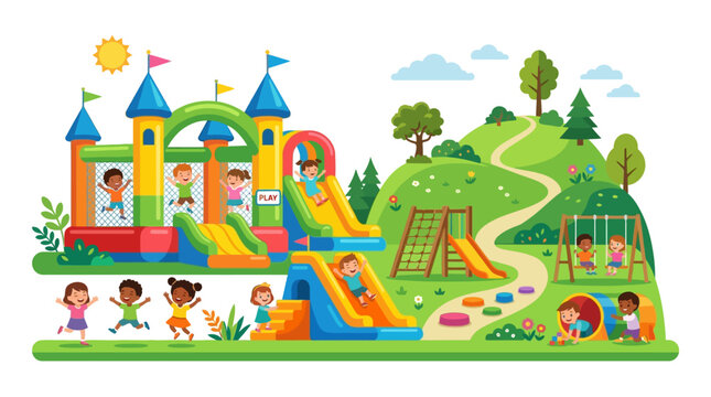 Children Playing on Inflatable Bouncy Castle.