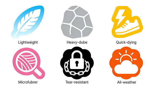 Six flower shaped border material icons represent the concept of lightweight, wear-resistant, fast drying, microfiber tear resistant, and all-weather, suitable for outdoor shoe and clothing fabric 