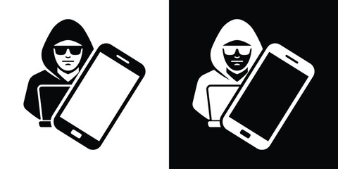 Cyber criminal hacking smartphone database. Hooded hacker character with laptop compromising a mobile phone vector icon. © bibin