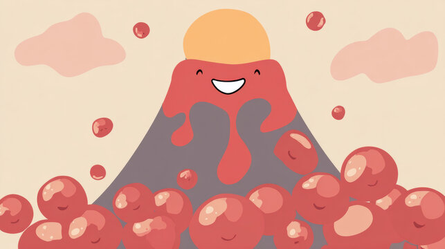 Chummy, A smiling volcano with cheerful lava blobs in a vibrant cartoon style.